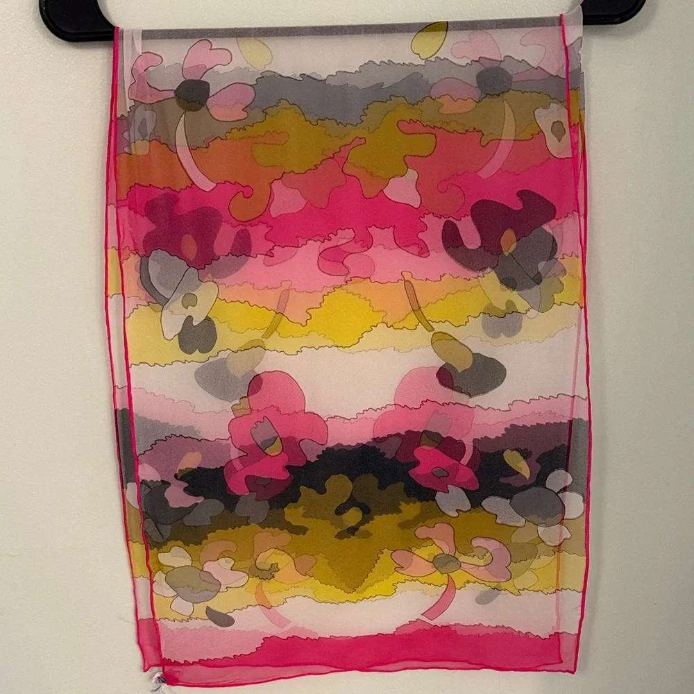 Vintage 1960’s Chiffon Silk Blend Scarf Floral Abstract Yellow, Pink Retro